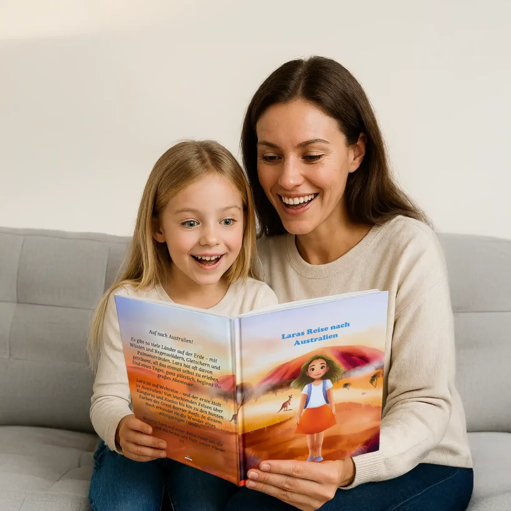 Mother reads the personalized children's book “Journey to Australia” together with her daughter, both smile as they read on the sofa.