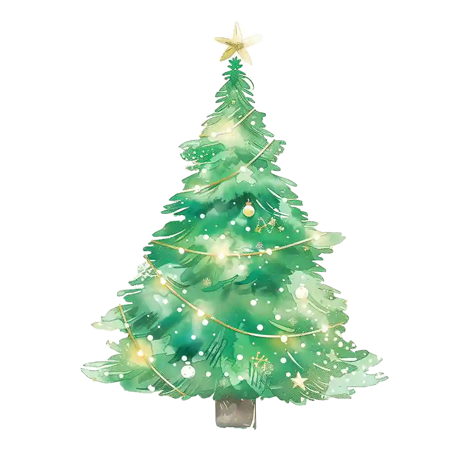 Pastel-colored icon of a green Christmas tree in a childlike illustration style