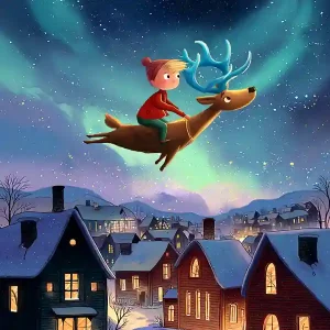 Illustration of a child riding a flying reindeer over a snow-covered city with northern lights – atmospheric scene from the children's book “Festival of Lights” about winter festivals around the world.